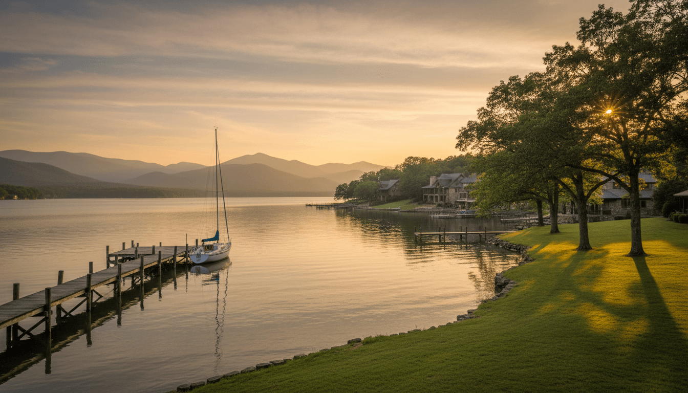 Serene lakefront view at WindRiver on Tellico Lake with the Smoky Mountains in the distance