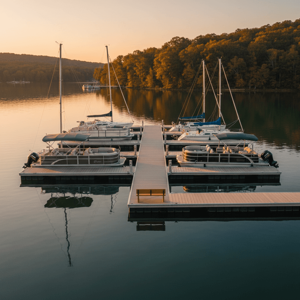 A full-service marina dock on Tellico Lake with boats moored at sunset