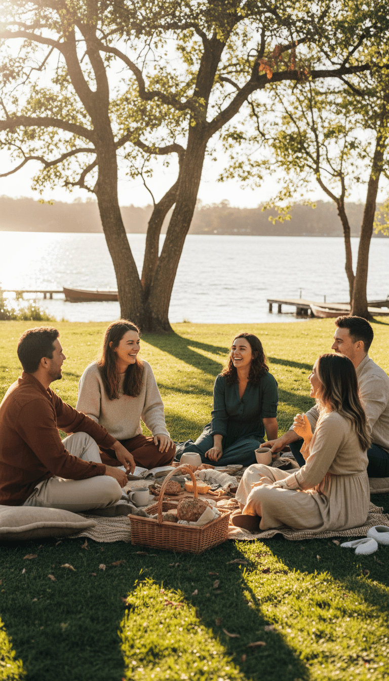 Friends gathering on the lawn at Brightwater Park