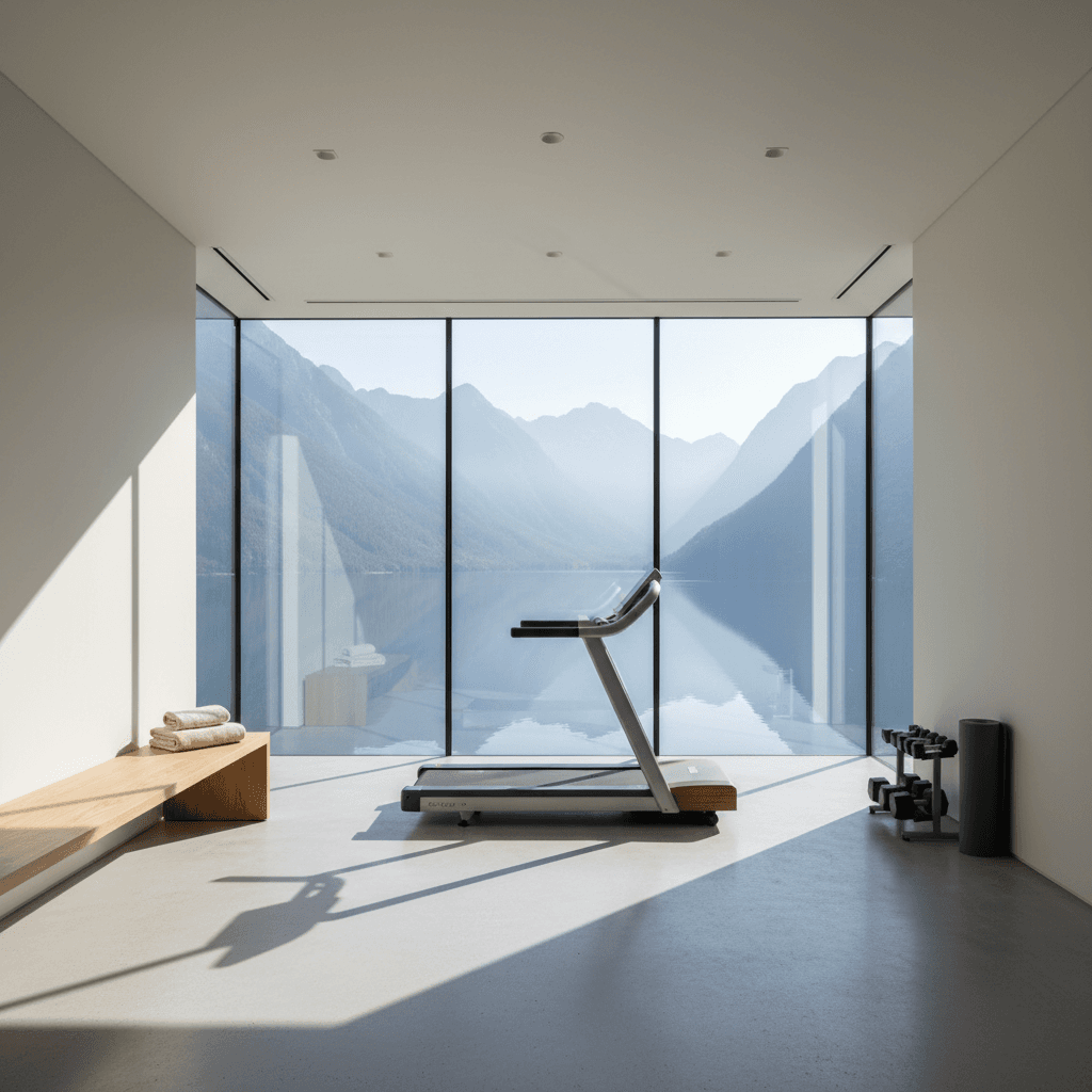 A fitness center at Overlook Manor with lake views through floor-to-ceiling windows