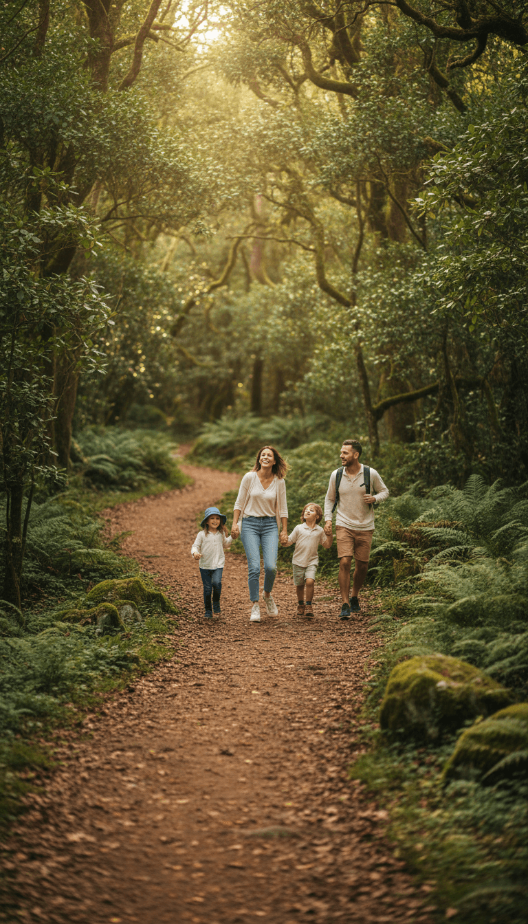 Family hiking on a shaded trail within WindRiver