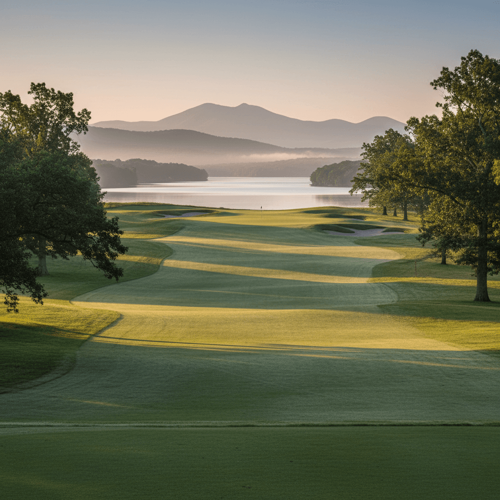 A championship golf course fairway leading toward Tellico Lake with mountain views