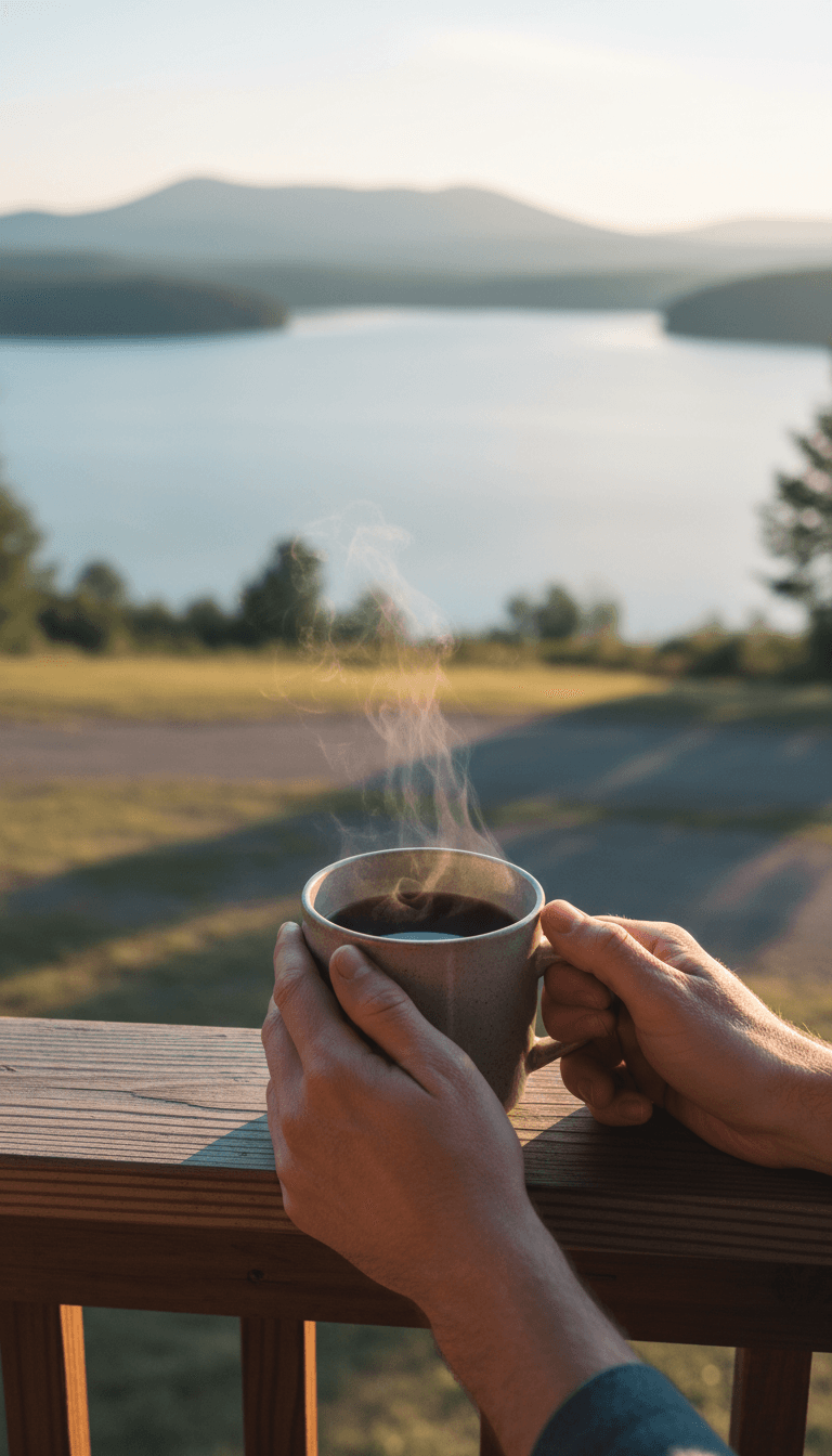 Morning coffee on a porch overlooking the lake