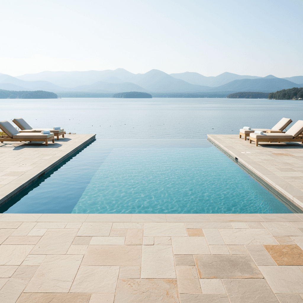 A resort-style swimming pool overlooking Tellico Lake with lounge chairs