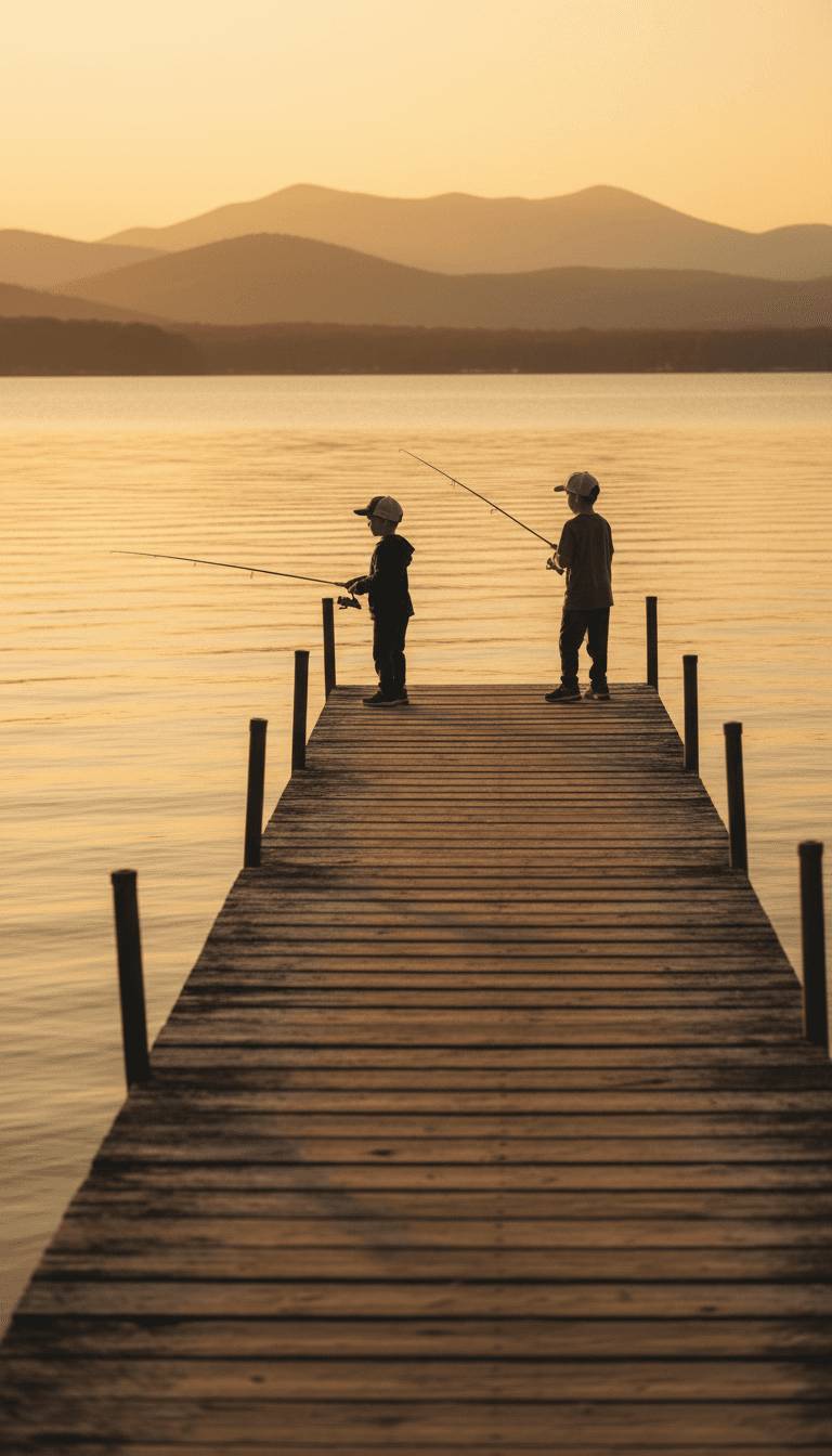 Members fishing from a dock on Tellico Lake at sunset