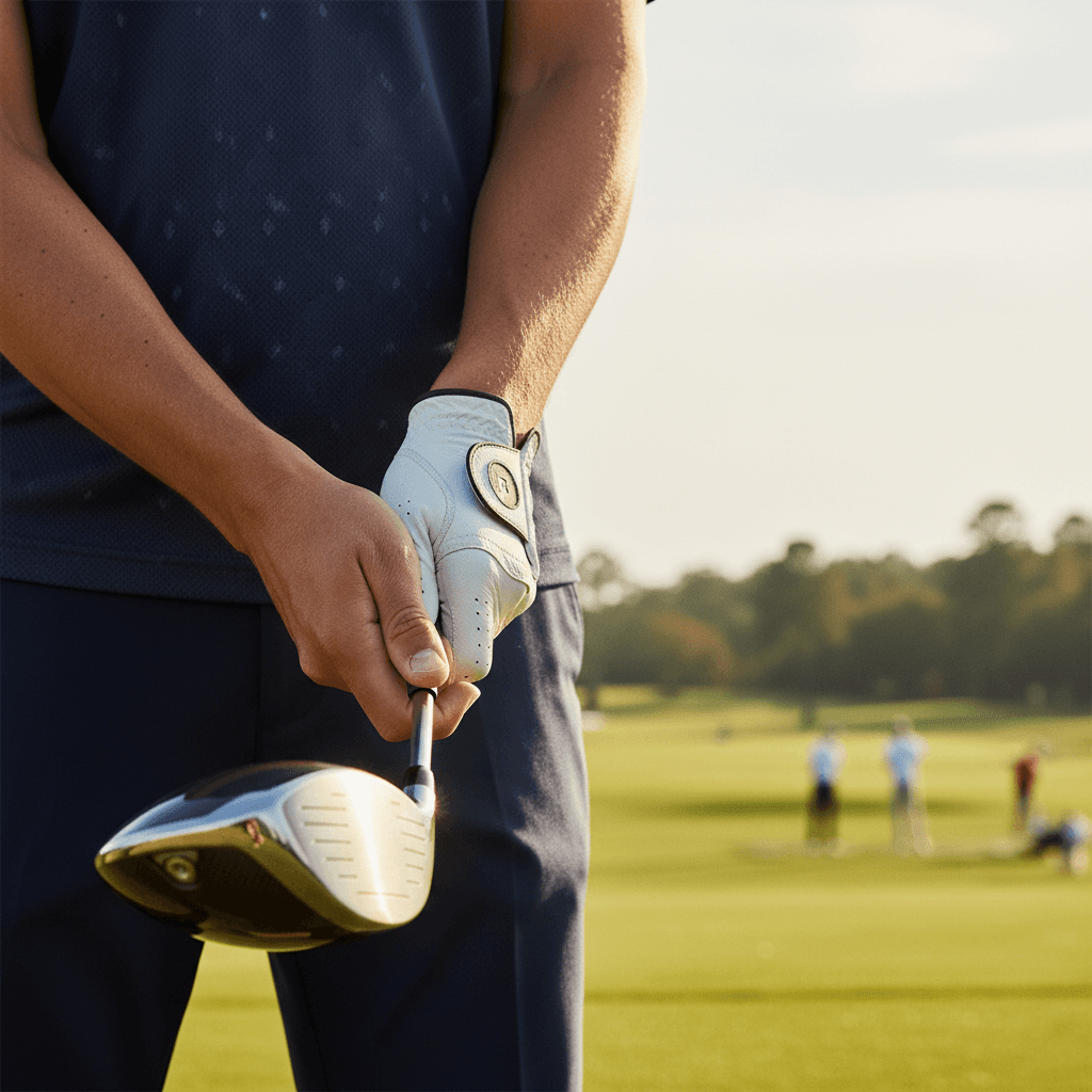 Golf clubs leaning against a bench on a practice putting green in late afternoon light