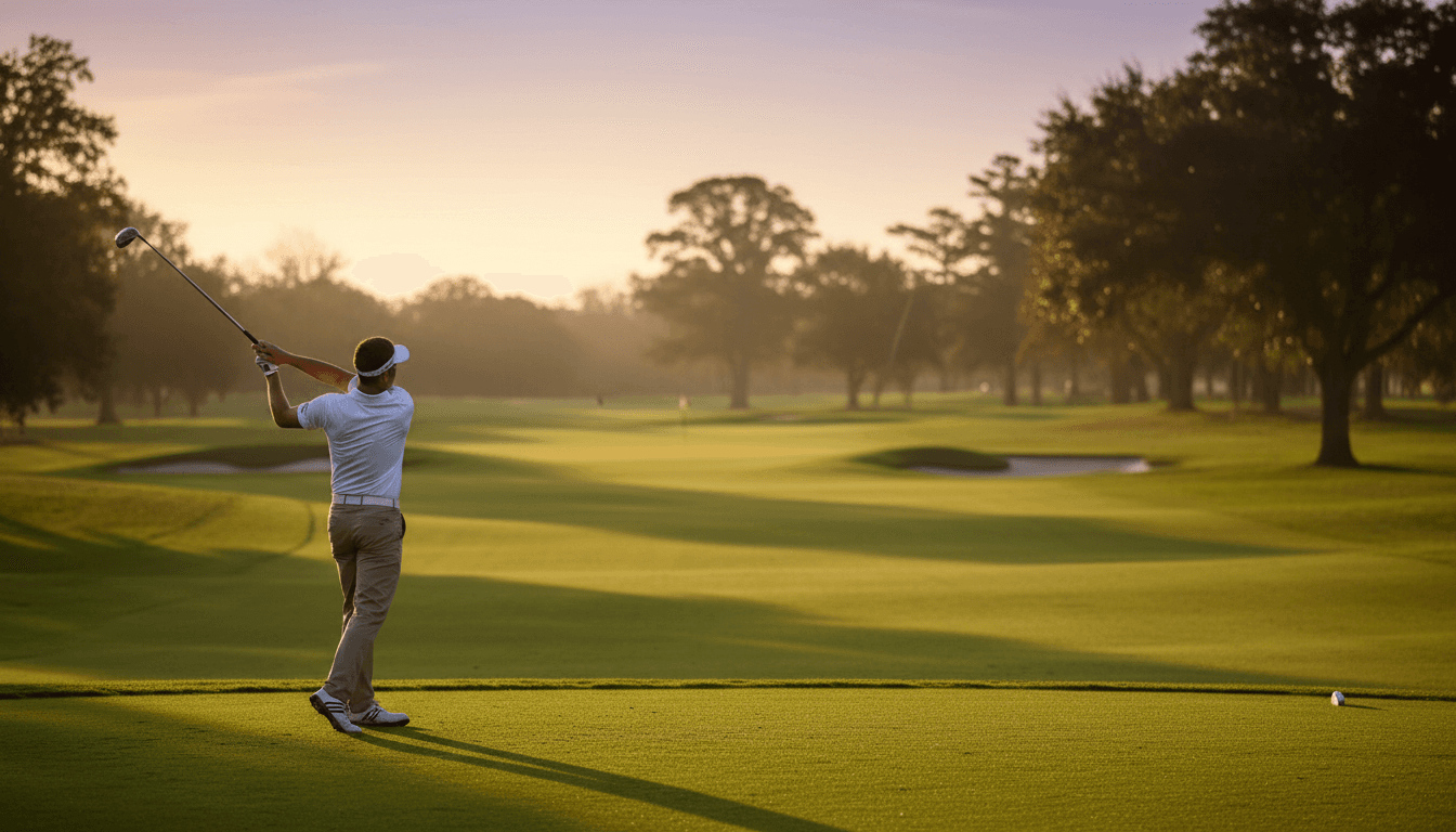 Championship golf course fairway with lake and Smoky Mountain views at golden hour