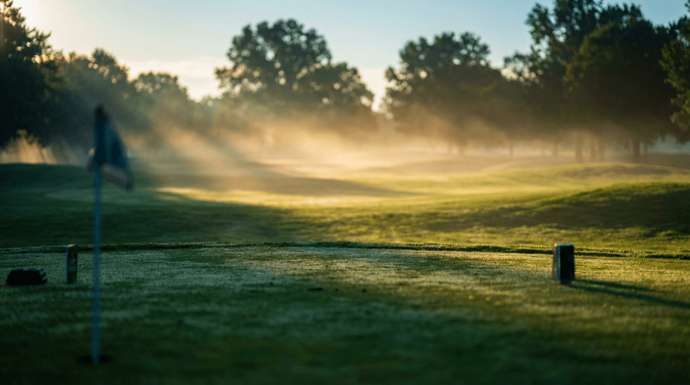 Close-up of dew-covered bentgrass putting green with golf ball at sunrise
