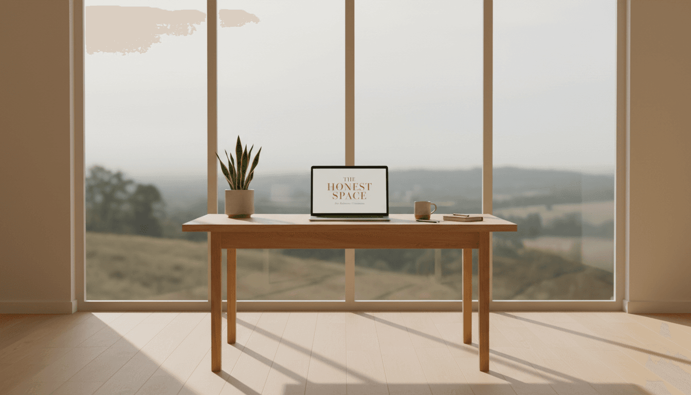 Sunlit desk with paper and pen overlooking a lake dock and distant mountains