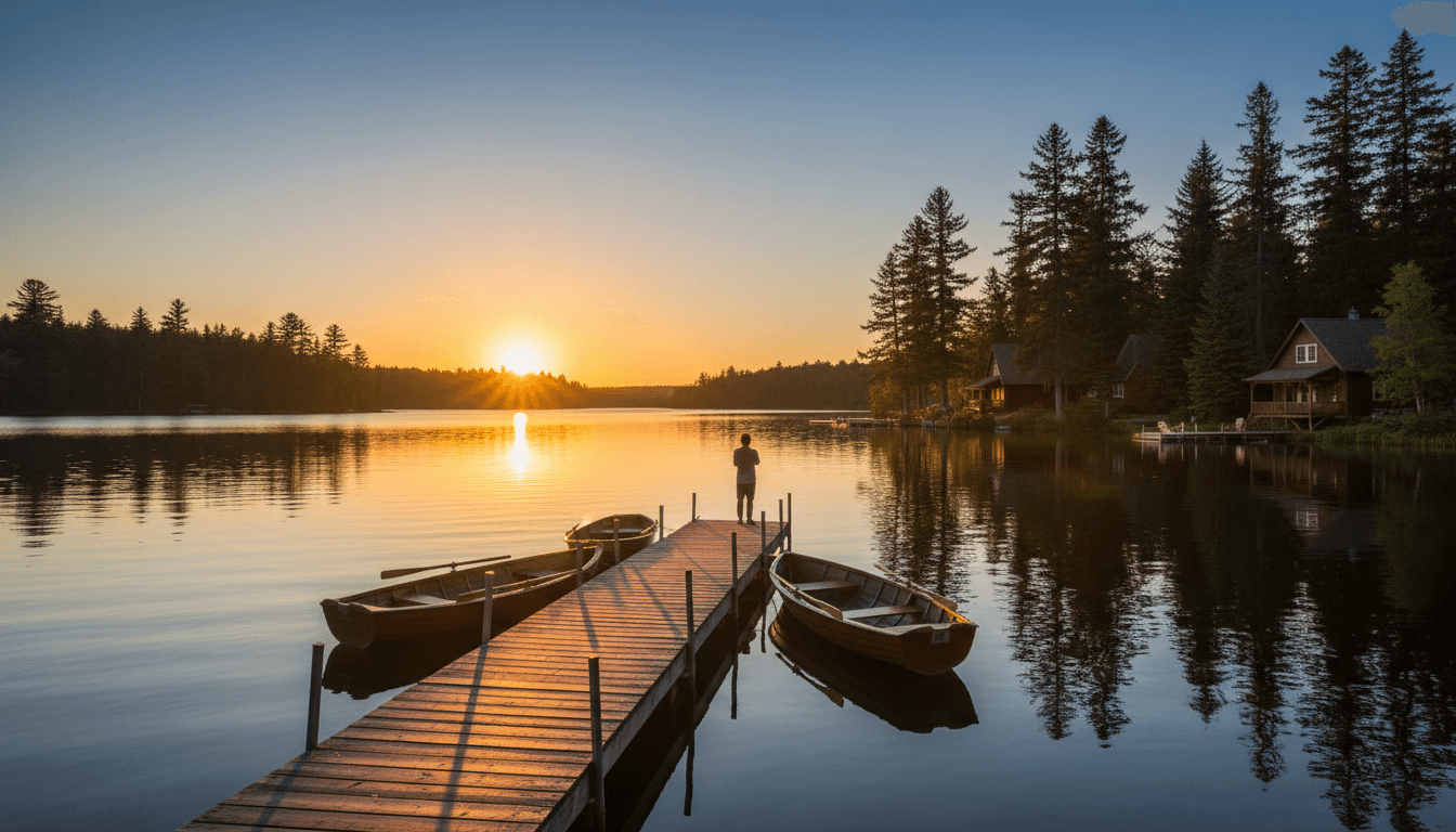 Covered and open boat slips at a polished wooden dock on Tellico Lake at golden hour